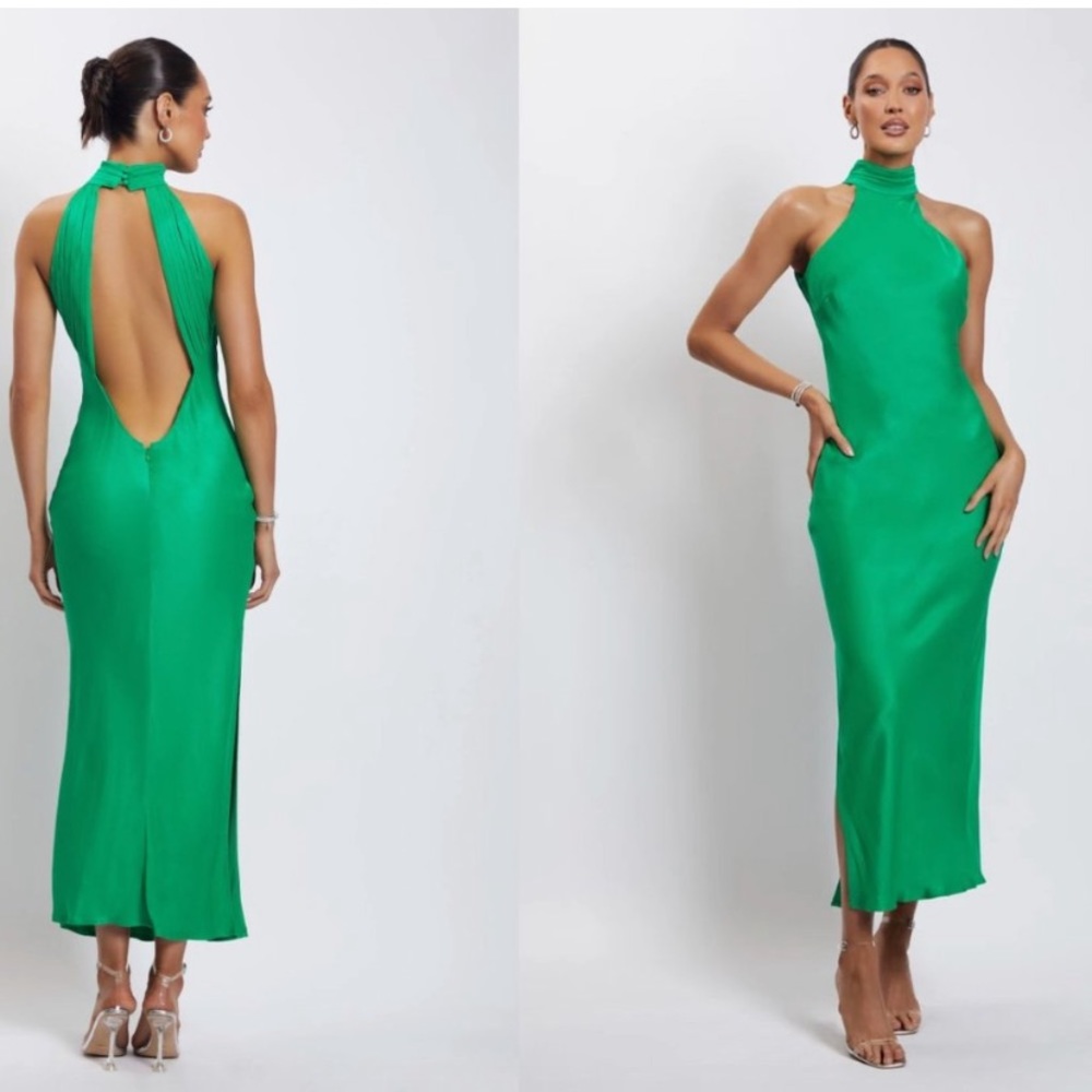 Meshki Claire Drape Back Satin Dress-Green